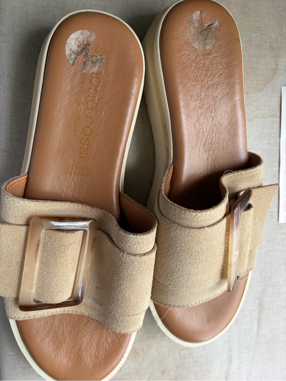 Beige Suede Slide Sandals with Buckle - Women